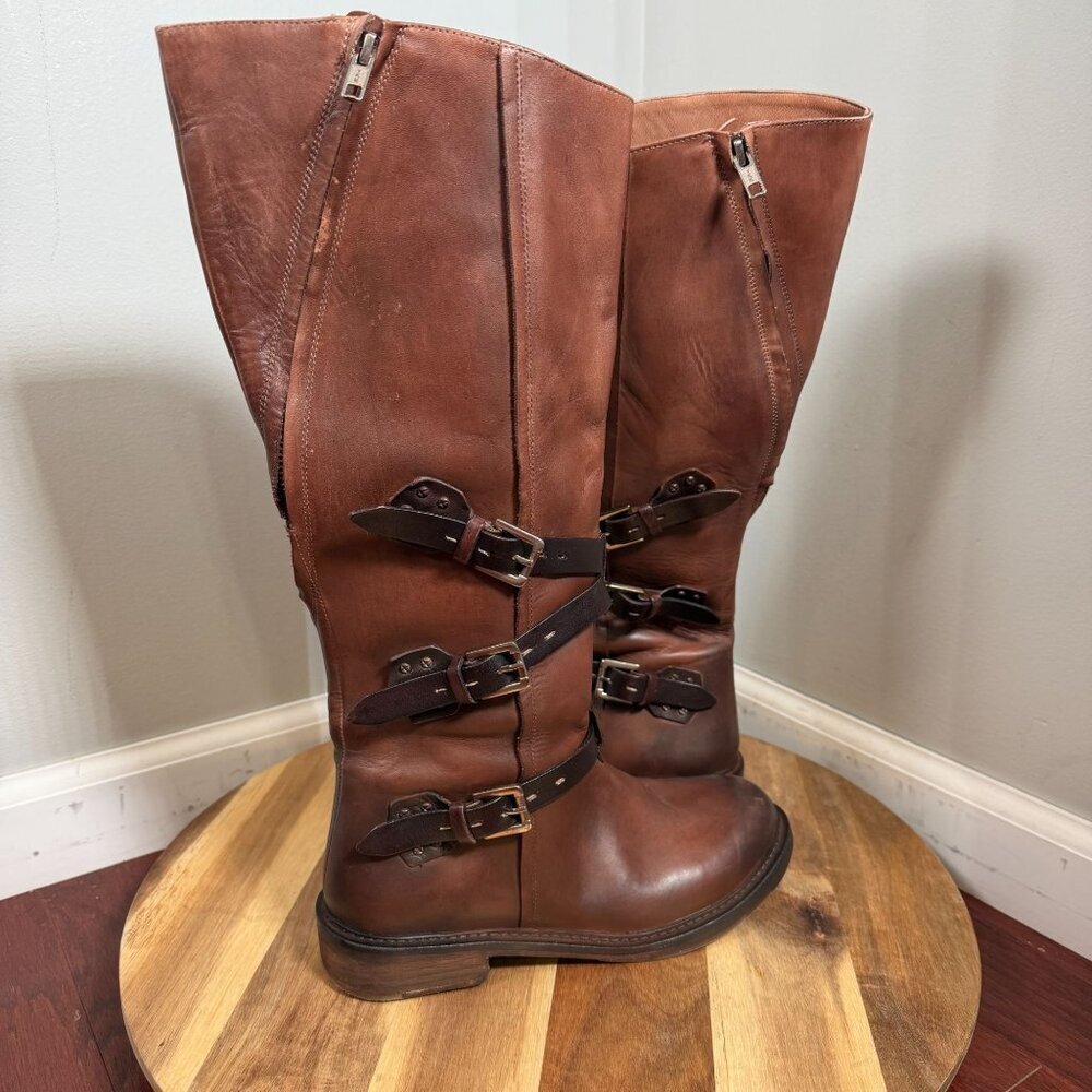 Vintage Foundry Brown Leather Harness Boots Tall Buckle Moto Biker Knee High 7